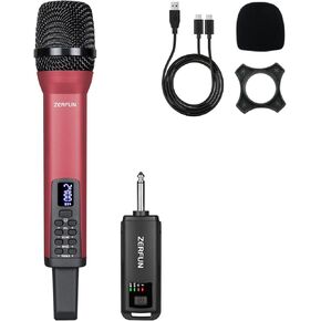 Rechargeable Wireless Microphones 4, Pro Handheld Cordless Mics System Dynamic with Echo Treble BASS VOL Control for Karaoke Singing Church Party, 1/4'' Output, D240, Grey&Red