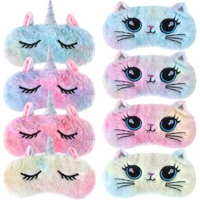 8 Pcs Unicorn Sleep Eye Mask Plush Cat Mask Soft Faux Fur Eye Blindfold Cute Funny Animal Eye Shade for Adults Women Home Winter Travel Nap Night