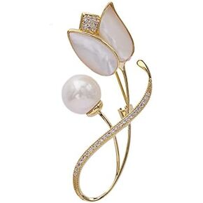 14K Gold Tulip Flower Brooch, Delicate Moissanite and Natural Freshwater Pearl Corsage,Perfect for Elegant Dressing