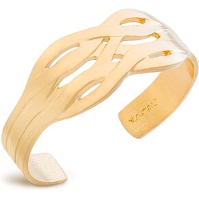 KA-TAL' Cuff Bracelet for Smaller Wrist 14K Gold Plated Shiny Outside and Brushed Finish Inside with Gift Pouch and Polishing Cloth
