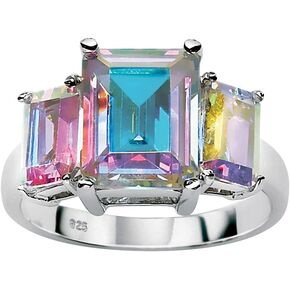 PalmBeach Sterling Silver or 14K Yellow GoldPlated Emerald Cut Aurora Borealis Cubic Zirconia 3 Stone Ring Size 7
