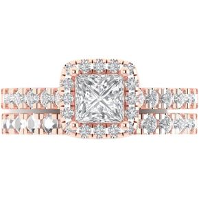 Clara Pucci 1.7 ct Princess Cut Halo Solitaire Accent Genuine Moissanite Designer Art Deco Statement Wedding Ring Band Set 18K Rose Gold