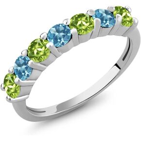 Gem Stone King 925 Sterling Silver Round Green Peridot and Swiss Blue Topaz Anniversary Ring For Women (1.32 Cttw, Gemstone Birthstone, Available In Size 5, 6, 7, 8, 9)