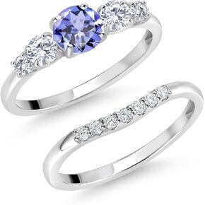 Gem Stone King 10K White Gold Blue Tanzanite and White Lab Grown Diamond 5 Stone Bridal Engagement Wedding Ring Set For Women (0.77 Cttw, Round: 5MM and 3MM, Available in Size 5,6,7,8,9)