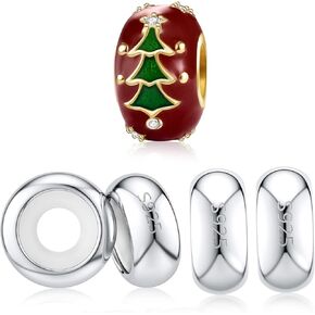 DALARAN Red Christmas Tree Charm 4pcs Sterling Silver Charm Stoppers Fit Charms Bracelet Bangle (Silver-4pcs)