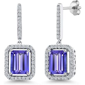 Gem Stone King 5.56 Cttw 9X7MM Emerald Cut Blue Tanzanite 925 Sterling Silver Dangle Earrings For Women