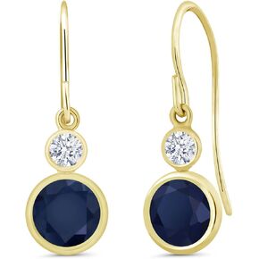 Gem Stone King 14K Yellow Gold Blue Sapphire Drop Dangle Earrings For Women (2.22 Cttw, Gemstone September Birthstone, Round 6MM and 3MM)