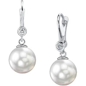 THE PEARL SOURCE 14K Gold AAA Quality Round Genuine White Akoya Cultured Pearl & Diamond Michelle Earrings for Women