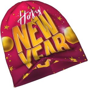 Happy New Year 2025 Unisex Beanie Hat Knit Soft Warm Beanies Winter Caps Black