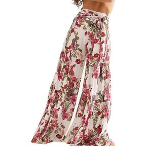 Lrady Women Wide Leg Palazzo Lounge Pants Printed Beach Summer Boho Tie-Waist Bell Bottoms Trousers