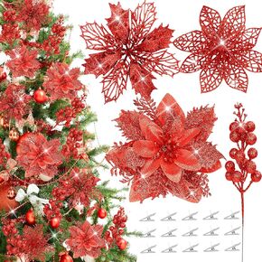 36Pcs Glitter Poinsettia Flowers Berries Stems Ornaments Kit, 24Pcs Artificial Flowers with Clips and 12Pcs Berry Picks Floral Decorations for Christmas Tree Wreath Fireplace Xmas Party Decor (Silver)
