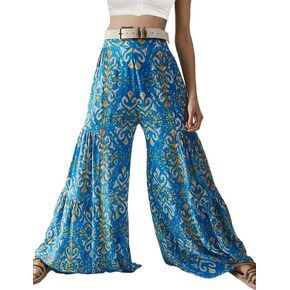 Lrady Women Wide Leg Palazzo Lounge Pants Printed Beach Summer Boho Tie-Waist Bell Bottoms Trousers in Kuwait
