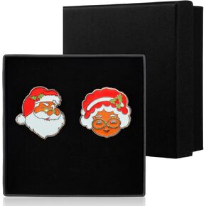 Yinkin 2 Pcs Christmas Black Santa Face Brooch Pins African American Black Santa Claus Enamel Lapel Pin Holiday Xmas Santa Claus Couple Lapel Pin with Gift Box for Women Men Ornament