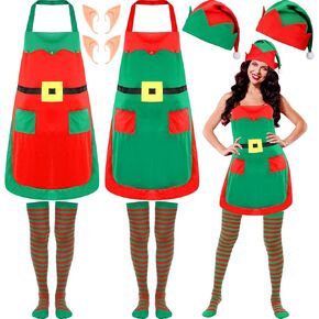 Suhine 8 Pcs Christmas Elf Costume Accessories Set Red and Green Elf Apron Striped Stockings Elf Hat Elf Ears for Christmas Party Cosplay Gifts Costume Supplies