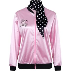 1950s Women Lady Girls Pink Satin Jacket Halloween Cosplay Costume Fancy Dress Coat with Neck Scarf