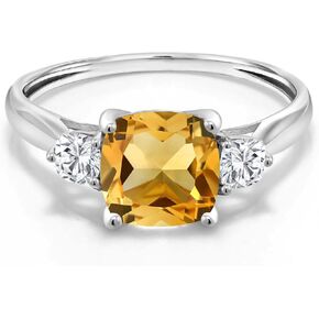 Gem Stone King 10K White Gold Yellow Citrine and White Moissanite 3 Stone Engagement Ring For Women | 1.66 Cttw, Cushion 7MM | 3 Stone Wedding Anniversary Promise Ring For Women