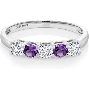 Gem Stone King 10K White Gold White Lab Grown Diamond and Purple Amethyst 5 Stone Wedding Engagement Promise Ring For Women (0.50 Cttw, Round 3MM, Available In Size 5, 6, 7, 8, 9)