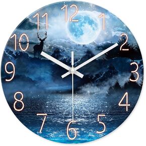 XFM Analog Blue Moon Wall Clock Silent Non-Ticking - Lake Decorative Wall Clock Battery Operated 12 Inch - Glass Cloud Wall Clock for Kitchen - Natural Landscape Wall Clock