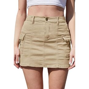 Women’s Cargo Mini Skirt Y2k Bodycon Button Stretchy Low Waist Solid Sexy Short Skirts for Women with Flap Pocket