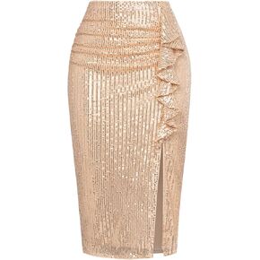 Kate Kasin Sequin Skirt Midi High Waisted Skirt with Side Slit Ruched Bodycon Sparkly Skirt Pencil Stretchy Night Out