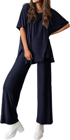 dowerme Women's Two Piece Outfits Summer Short Sleeve Pullover Top Wide Leg Palazzo Pants Matching Set Tracksuits 2025 in Saudi Arabia