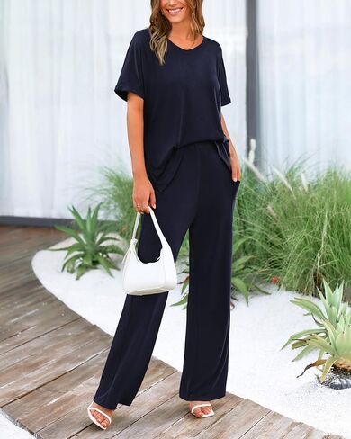 dowerme Women's Two Piece Outfits Summer Short Sleeve Pullover Top Wide Leg Palazzo Pants Matching Set Tracksuits 2025 in Saudi Arabia