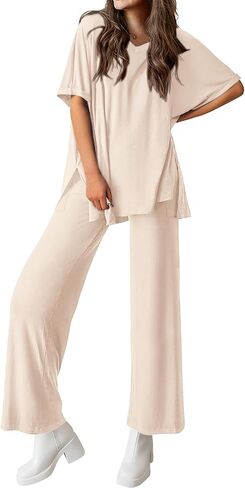 Dowerme ملابس نسائية مكونة من قطعتين بلوفر صيفي بأكمام قصيرة وسراويل بالازو واسعة الساق مجموعة متطابقة ملابس رياضية 2025 in Kuwait