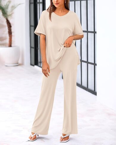 Dowerme ملابس نسائية مكونة من قطعتين بلوفر صيفي بأكمام قصيرة وسراويل بالازو واسعة الساق مجموعة متطابقة ملابس رياضية 2025 in Kuwait