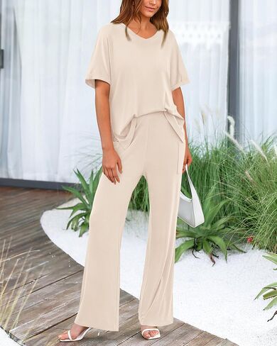 Dowerme ملابس نسائية مكونة من قطعتين بلوفر صيفي بأكمام قصيرة وسراويل بالازو واسعة الساق مجموعة متطابقة ملابس رياضية 2025 in Kuwait