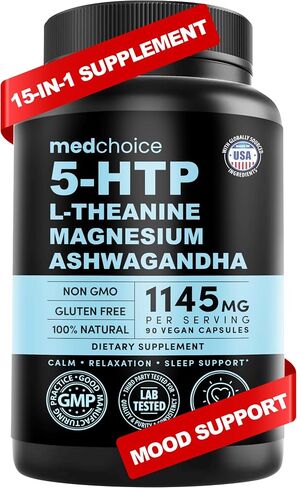15-in-1 5HTP Mood Support Supplement – 5HTP 200mg Capsules with L-Theanine, Magnesium, Ashwagandha, GABA Supplements with L-Tryptophan, Anxiety Supplements, St. John's Wort - 1145mg – 90 Count in Kuwait