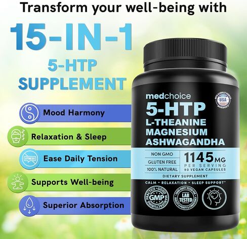 15-in-1 5HTP Mood Support Supplement – 5HTP 200mg Capsules with L-Theanine, Magnesium, Ashwagandha, GABA Supplements with L-Tryptophan, Anxiety Supplements, St. John's Wort - 1145mg – 90 Count in Kuwait