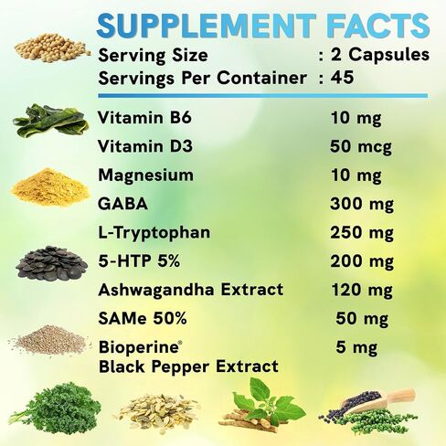 15-in-1 5HTP Mood Support Supplement – 5HTP 200mg Capsules with L-Theanine, Magnesium, Ashwagandha, GABA Supplements with L-Tryptophan, Anxiety Supplements, St. John's Wort - 1145mg – 90 Count in Kuwait