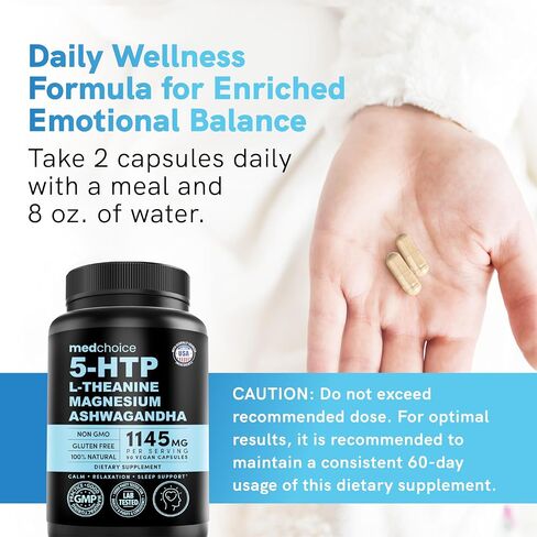 15-in-1 5HTP Mood Support Supplement – 5HTP 200mg Capsules with L-Theanine, Magnesium, Ashwagandha, GABA Supplements with L-Tryptophan, Anxiety Supplements, St. John's Wort - 1145mg – 90 Count in Kuwait
