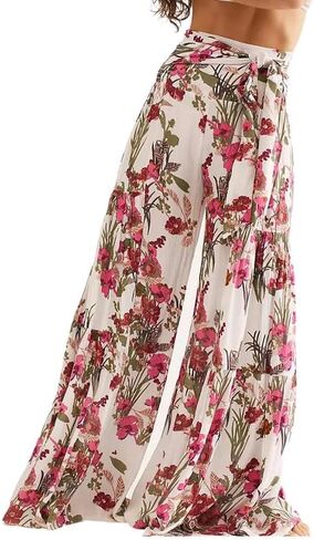 Lrady Women Wide Leg Palazzo Lounge Pants Printed Beach Summer Boho Tie-Waist Bell Bottoms Trousers in Kuwait