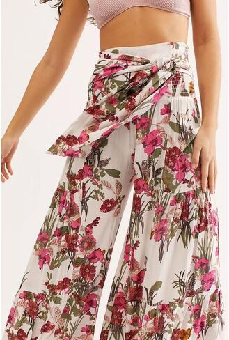 Lrady Women Wide Leg Palazzo Lounge Pants Printed Beach Summer Boho Tie-Waist Bell Bottoms Trousers in Kuwait