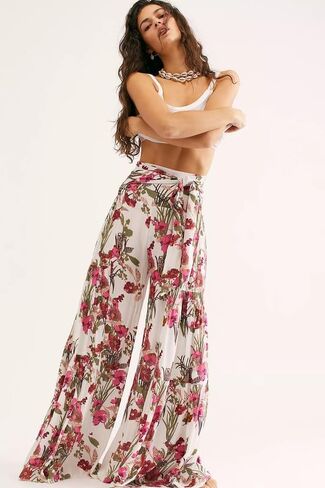 Lrady Women Wide Leg Palazzo Lounge Pants Printed Beach Summer Boho Tie-Waist Bell Bottoms Trousers in Kuwait