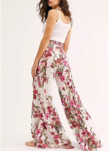 Lrady Women Wide Leg Palazzo Lounge Pants Printed Beach Summer Boho Tie-Waist Bell Bottoms Trousers in Kuwait