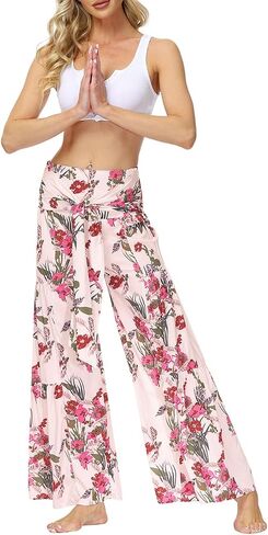 Lrady Women Wide Leg Palazzo Lounge Pants Printed Beach Summer Boho Tie-Waist Bell Bottoms Trousers in Kuwait