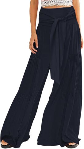 Lrady Women Wide Leg Palazzo Lounge Pants Printed Beach Summer Boho Tie-Waist Bell Bottoms Trousers in Kuwait