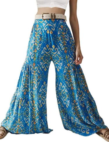Lrady Women Wide Leg Palazzo Lounge Pants Printed Beach Summer Boho Tie-Waist Bell Bottoms Trousers in Kuwait