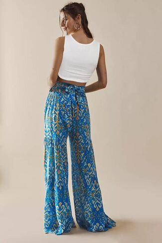 Lrady Women Wide Leg Palazzo Lounge Pants Printed Beach Summer Boho Tie-Waist Bell Bottoms Trousers in Kuwait