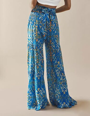 Lrady Women Wide Leg Palazzo Lounge Pants Printed Beach Summer Boho Tie-Waist Bell Bottoms Trousers in Kuwait