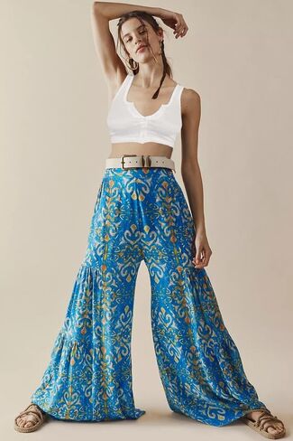 Lrady Women Wide Leg Palazzo Lounge Pants Printed Beach Summer Boho Tie-Waist Bell Bottoms Trousers in Kuwait