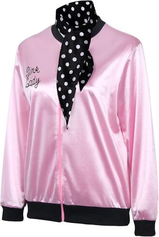 1950s Women Lady Girls Pink Satin Jacket Halloween Cosplay Costume Fancy Dress Coat with Neck Scarf in Kuwait