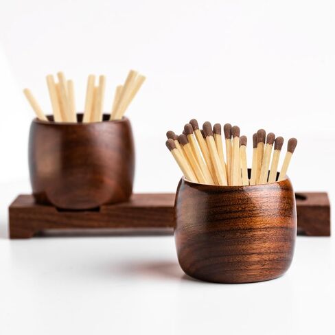 Dari Natural Walnut Wood Match Holder with Striker – Multipurpose Tea Lights Candle Holder with Decorative Tray – Functional Living Room/Bathroom Set Home Décor – 4 Strikers – Modern Match Holder in Saudi Arabia