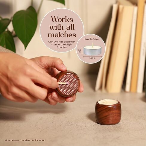 Dari Natural Walnut Wood Match Holder with Striker – Multipurpose Tea Lights Candle Holder with Decorative Tray – Functional Living Room/Bathroom Set Home Décor – 4 Strikers – Modern Match Holder in Saudi Arabia