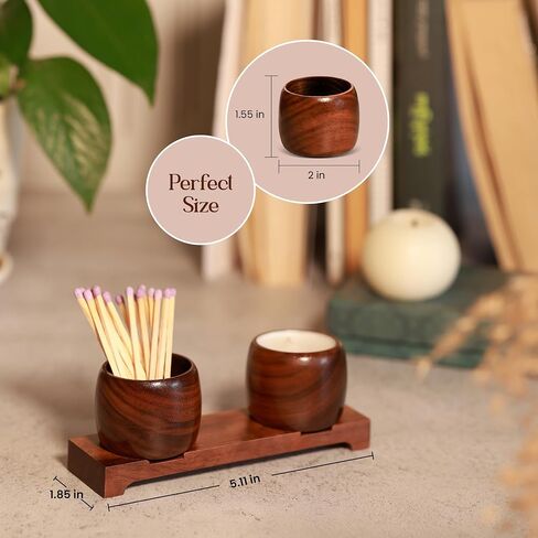 Dari Natural Walnut Wood Match Holder with Striker – Multipurpose Tea Lights Candle Holder with Decorative Tray – Functional Living Room/Bathroom Set Home Décor – 4 Strikers – Modern Match Holder in Saudi Arabia