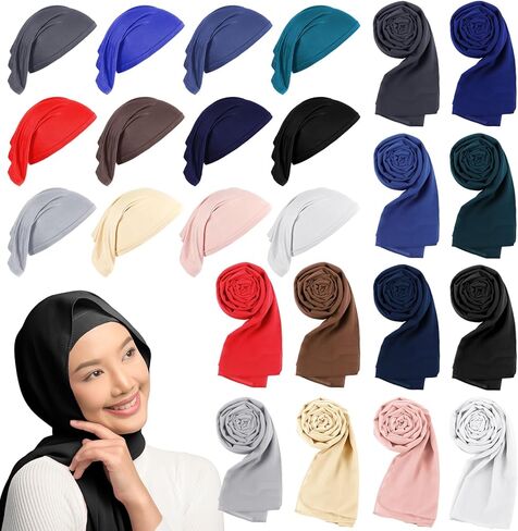 24 Pcs Muslim Hijab Scarves for Women with Under Scarf Cap Chiffon Shawl Islamic Caps with Tie Back Closure in Kuwait