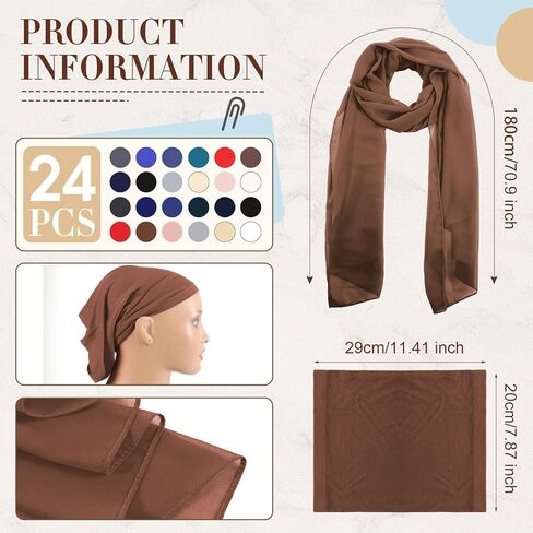24 Pcs Muslim Hijab Scarves for Women with Under Scarf Cap Chiffon Shawl Islamic Caps with Tie Back Closure in Kuwait