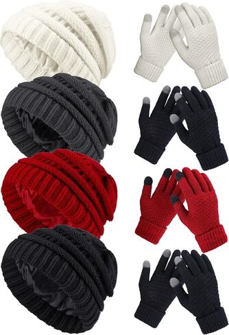 4 Sets Winter Knitted Beanie Hat Glove Set for Women Soft Warm Hat Touchscreen Gloves Winter Hats Winter Gloves for Women in Kuwait